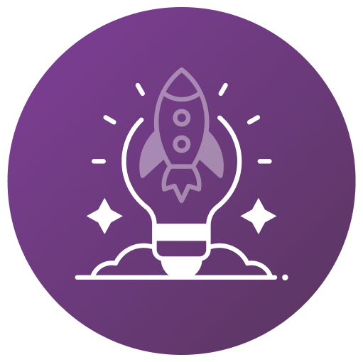 Icon of a rocket launching in front of a light bulb